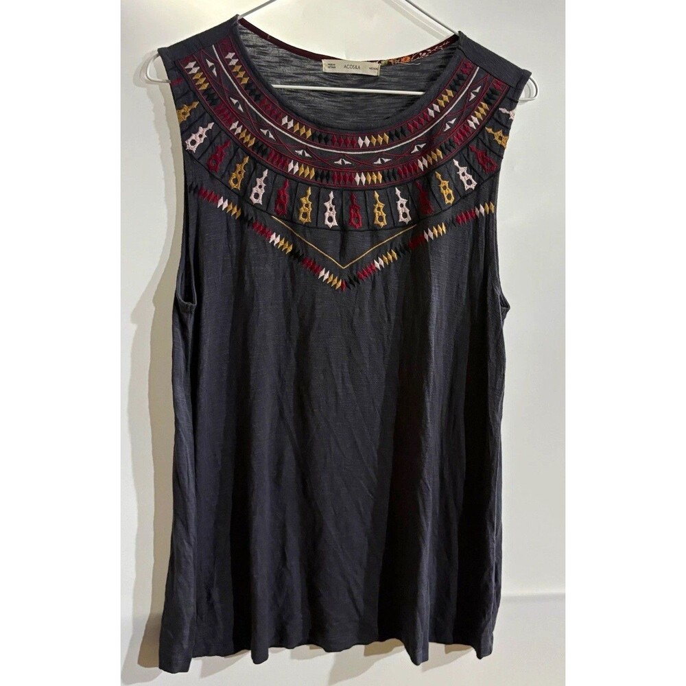 ACOS&A Women’s Tank Top M Gray Geometric Embroidered Round Neck Sleeveless
